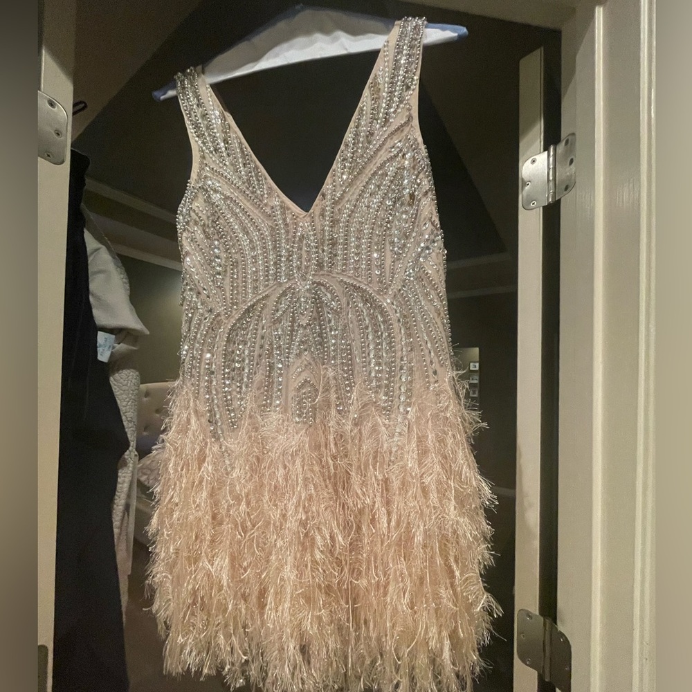 Light pink, bedazzled loose fit feathered dress size 2